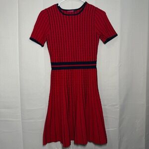 Ava Knit‎ Skater Dress S Red Navy Blue Striped Short Sleeve Fit Flare AD-0115